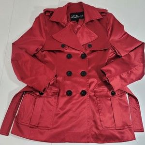 Loire NY women's Size L red peacoat satin jacket holiday lined Belted button